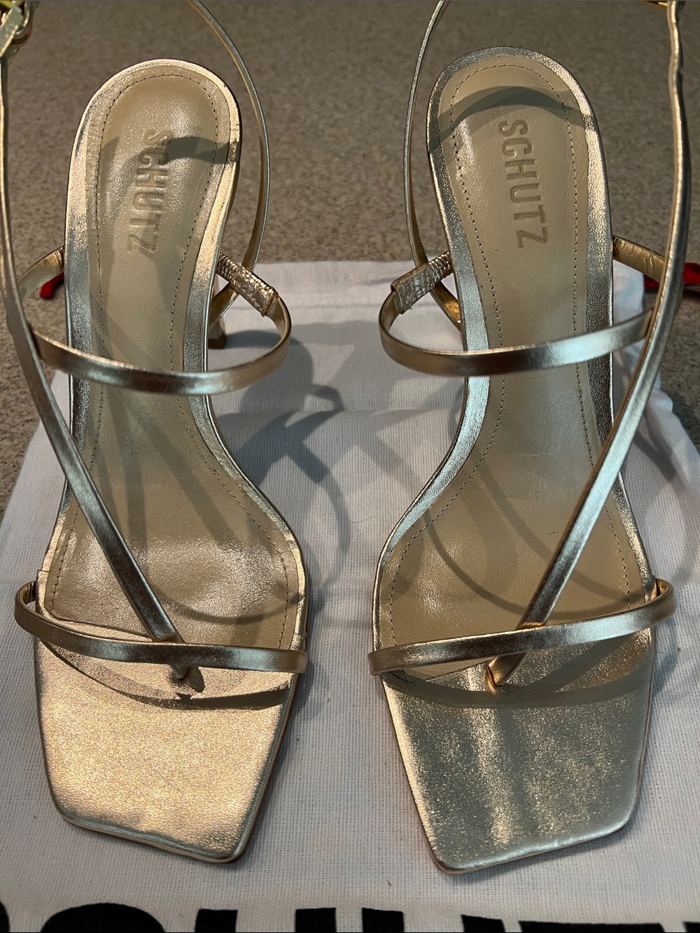 ❤️SCHUTZ PLATINA Gold Metallic Strappy Square-Toe Stiletto Heels - Picture 6 of 10